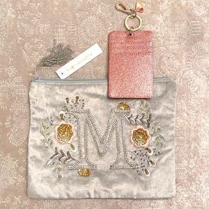 Brand New Set of Velvet Beaded Monogram M Zippered Pouch & Glitter Card Key Case